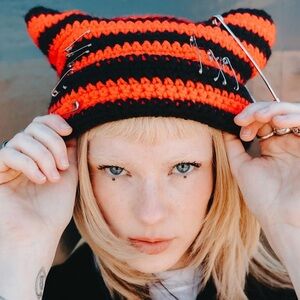 Charles Jeffery Loverboy Grunge Knit Cat Ears/Horns Beanie in Red/Black Stripes
